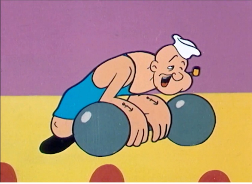 An exhausted Popeye, about to fall asleep, slumps over a set of weights he's trying to lift.