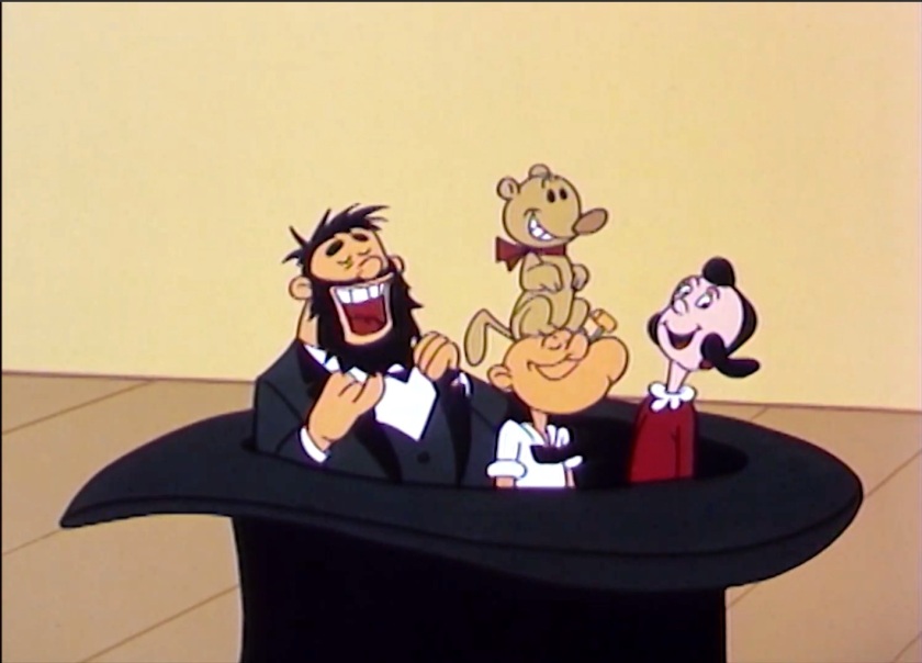 Brutus, Olive Oyl, Popeye, and Eugene sit together inside a gigantic top hat, all smiling and happy at the conclusion of their adventures.