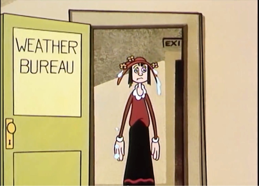 A very wet Olive Oyl, wearing a ruined hat and looking miserable, enters the door of the Weather Bureau.