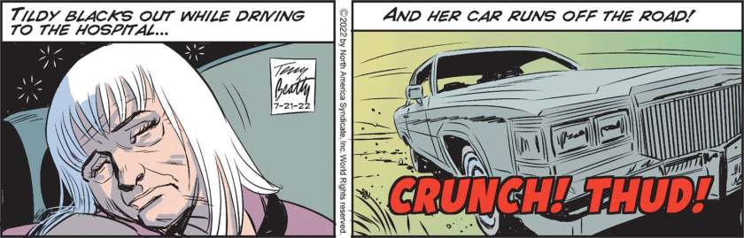 [ Tildy blacks out while driving to the hospital ] ... [ and her car runs off the road! ] (We see Tildy unconscious at the wheel, and the Cadillac roaring - crunch -thud!)