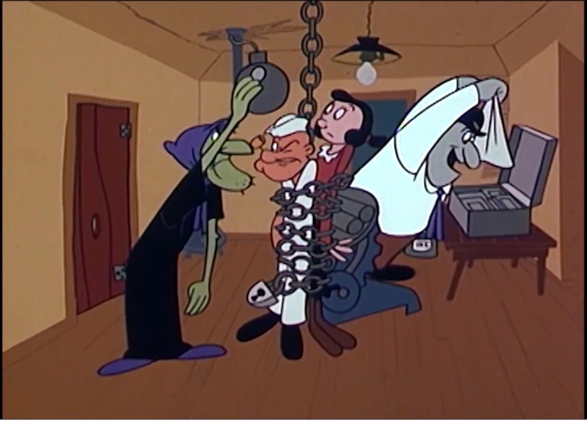 Popeye and Olive Oyl tied up by chains, as the Sea Hag places a bomb on Popeye's head. In the background Toar dumps piles of counterfeit money into a suitcase.
