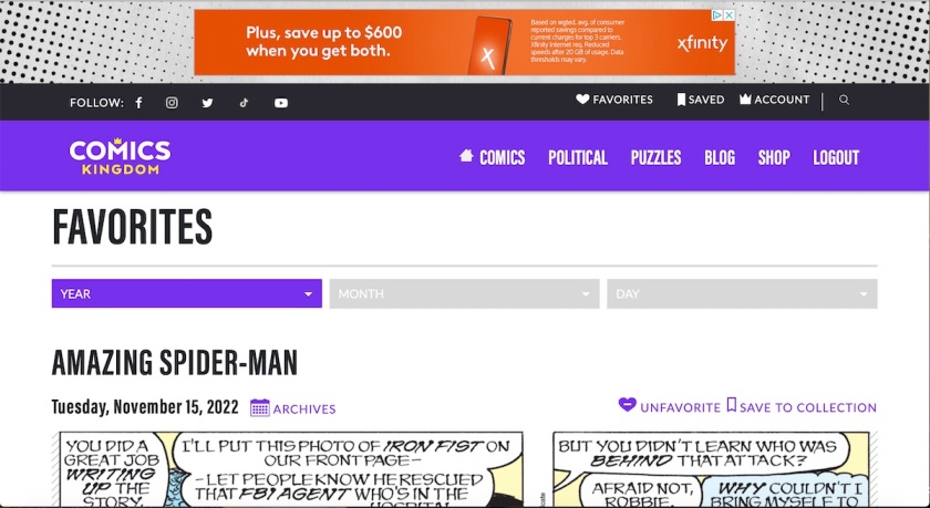 Screenshot of the top of a Comics Kingdom Favorites page showing an advertisement banner at its top.