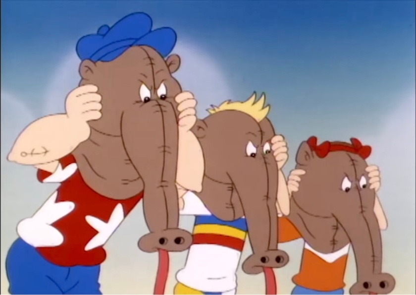 Still of Popeye, Junior, and Dee Dee wearing big, floppy anteater costume heads, tongues dangling out.