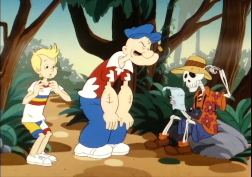 A jovial-looking Popeye asks questions of a skeleton wearing tourist garb (Hawai'ian shirt, camera, map or something in hand). Junior looks concerned, confused, unsure about the whole thing.