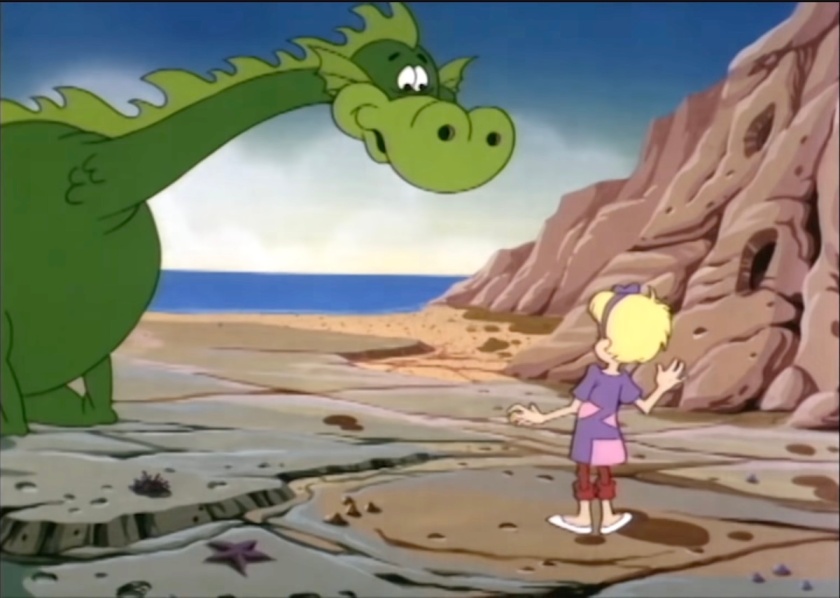 Still of a large green sea monster with a quivering, uncertain smile on their face, looking down at a young girl with bright yellow hair and a purple dress with pink polygons all over it.