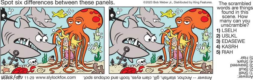 Six Differences panel showcasing a woman held safe underwater by an octopus that's using their tentacles as the bars of a cage, which protects her from a couple sharks.