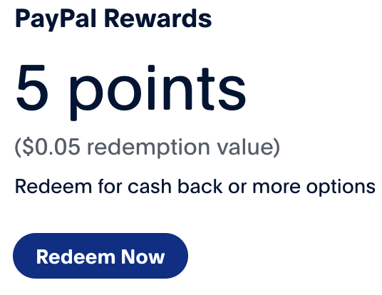 Screenshot of my PayPal Rewards declaring that I have 5 points, with a redemption value of $0.05.