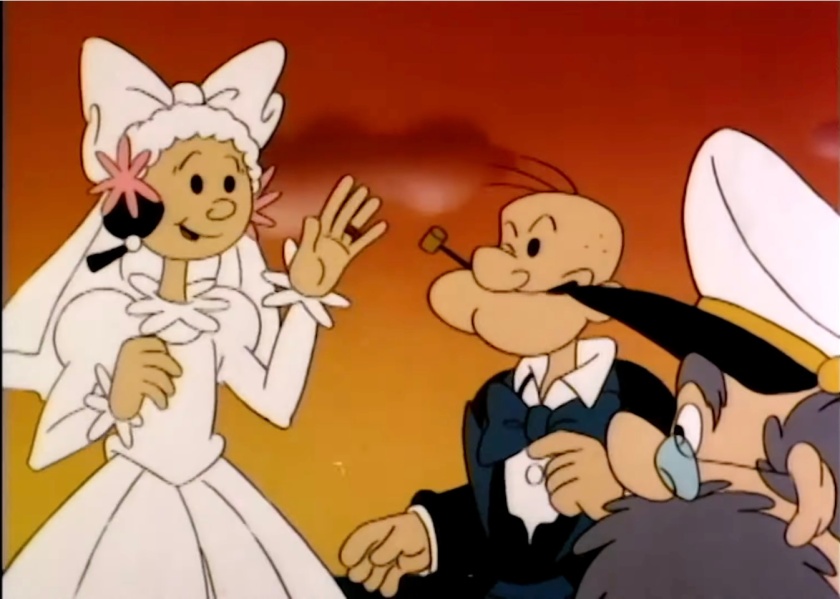 Olive Oyl, in her wedding dress, holds up her hand with a hexagonal bolt on one hand as a wedding ring. Popeye in his tuxedo smiles at the scene. The garbage scow's captain, in foreground, readies to proclaim them married.
