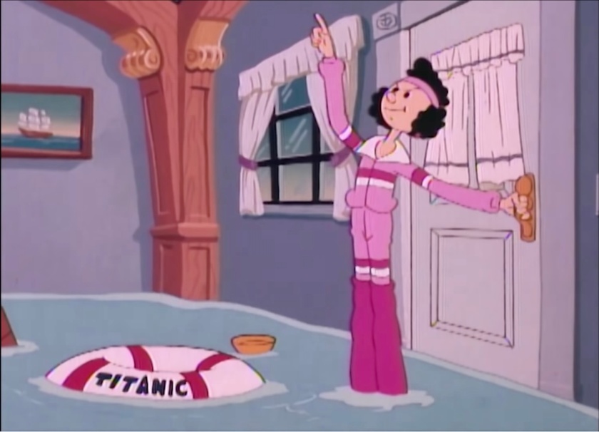 Olive Oyl stands at the door of their flooded house, one hand on the doorknob, other raised in the air declaratively. Floating by her is a life preserver for the Titanic.