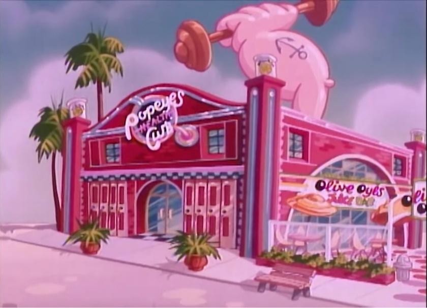 Establishing shot of Popeye's Heath Club/Olive Oyl's Juice Bar. it's a very glossy hot red building with purple neon-like lights, and a gigantic rendition of Popeye's arm raising a dumbbell above it. The logos for both are extremely shiny-glossy 80s in a way that later satire wouldn't do.