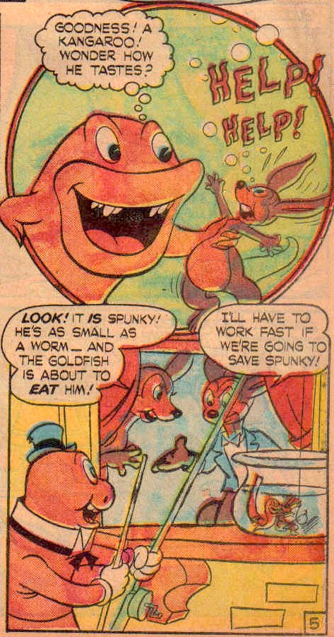 Two panels of the comic. In one a goldfish --- with teeth! --- holds the shrunken, panicking Spunky and thinks, 'Goodness! A kangaroo! Wonder how he tastes?' In the other panel we see a giant worm who's got the magic wand, and a fishing pole with the shrunken Spunky on the hook, where the goldfish is getting ready to eat the small kangaroo. Through the window we see Spunky's Mama say, 'Look! It *is* Spunky! He's as small as a worm --- and the goldfish is about to *eat* him!' Uncle Hector says, 'I'll have to work fast if we're going to save Spunky!'