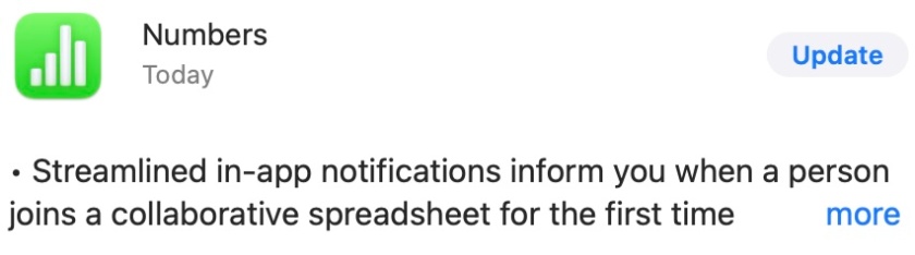 Screenshot of the updates for Numbers. The lead item: 'Streamlined in-app notifications inform you when a person joins a collaborative spreadsheet for the first time [ more ]'